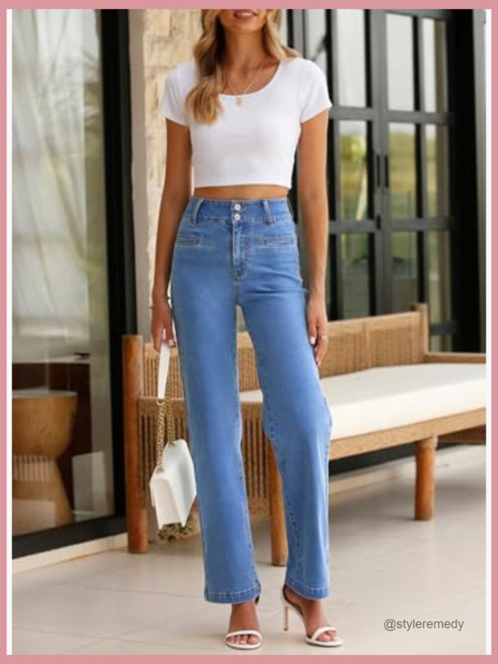 High Waisted Straight Leg Stretchy Jeans Wide Leg Denim Pants with Pockets - Picture 6 of 7